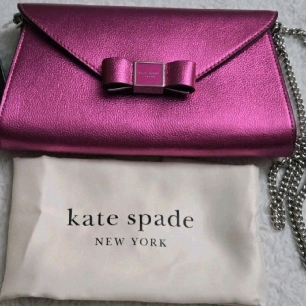 Kate Spade Metallic Pebble Envelope XBody Morgan Bow Bikini Pink NWT 24 " Chain - Picture 6 of 12